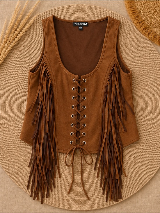 Fashion Nova Tops - Fashion Nova Western Brown Lace-Up Fringe Tank